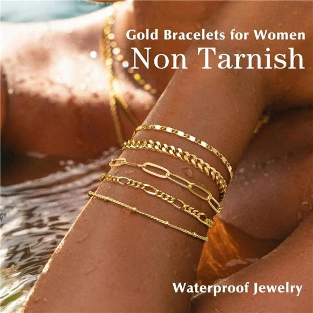 Gold Bracelets for Women Trendy,14K Real Gold Plated Dainty Stackable Paperclip